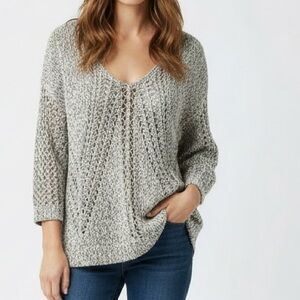 J. Jill Marled Open Knit V-Neck Sweater XS Petite Neutral Beige